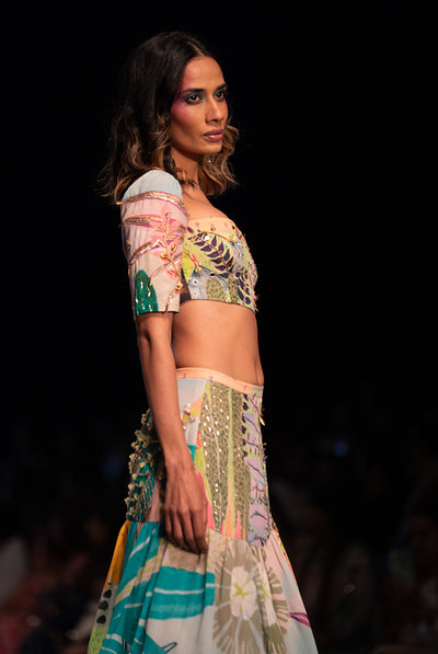 Payal singhal Agnes Tropical Print Georgette Embroidered Top With Layered Front Slit Skirt green festive indian designer wear online shopping melange singapore