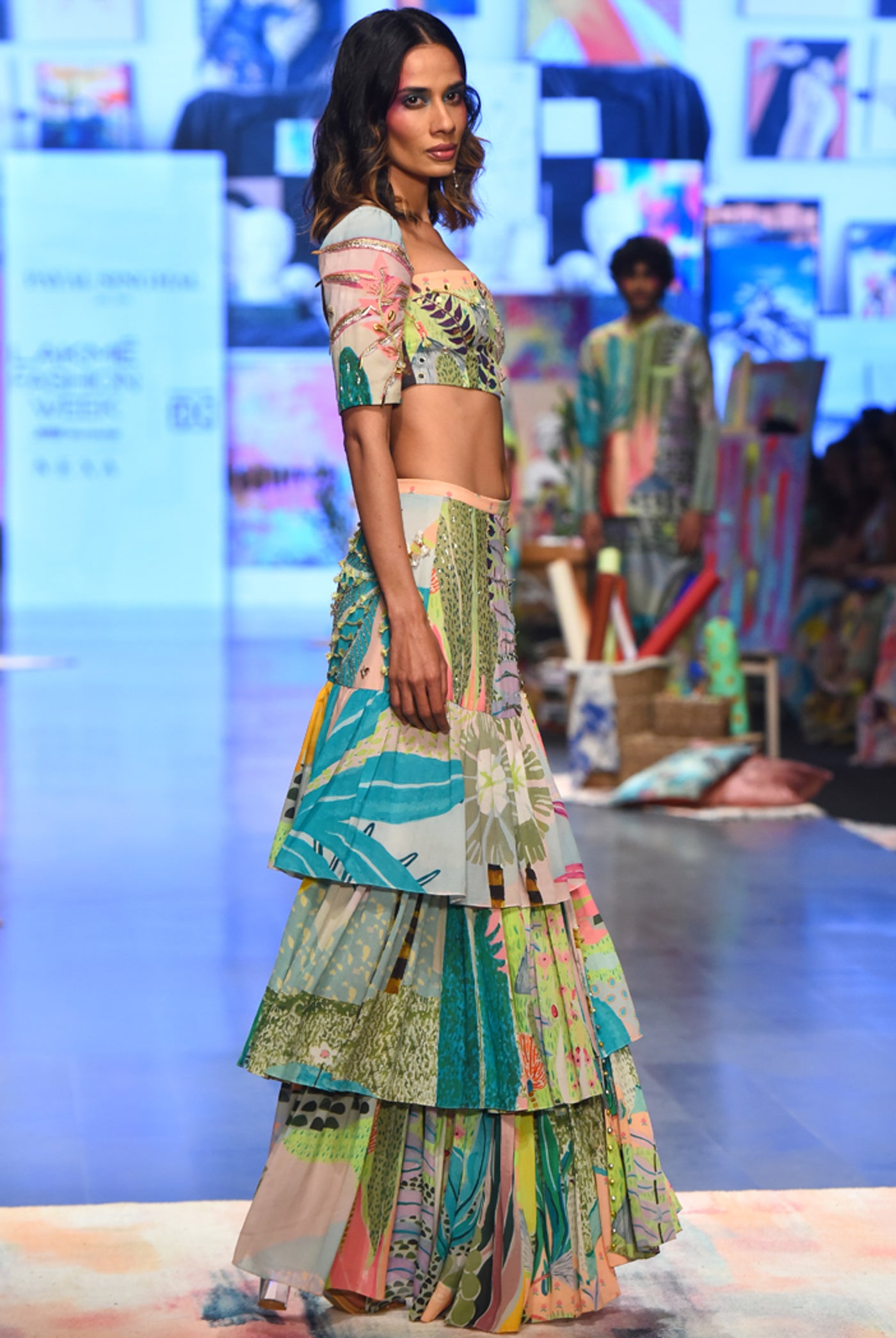 Payal singhal Agnes Tropical Print Georgette Embroidered Top With Layered Front Slit Skirt green festive indian designer wear online shopping melange singapore