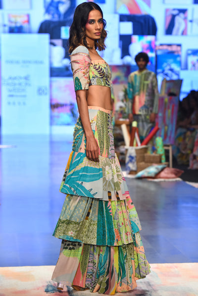 Payal singhal Agnes Tropical Print Georgette Embroidered Top With Layered Front Slit Skirt green festive indian designer wear online shopping melange singapore