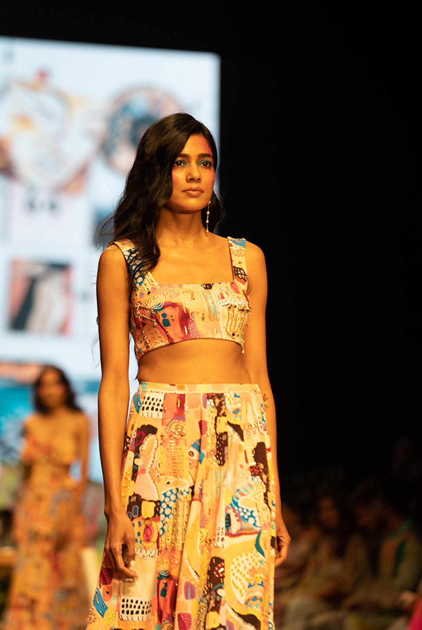 payal singhal Alecia Trance Print Denim Top With A High Low Skirt fusion indian designer wear online shopping melange singapore