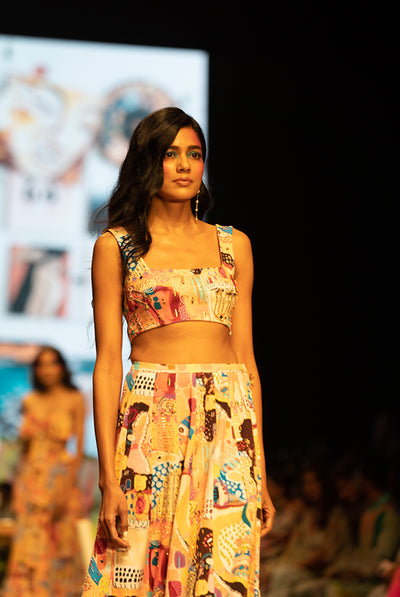 payal singhal Alecia Trance Print Denim Top With A High Low Skirt fusion indian designer wear online shopping melange singapore