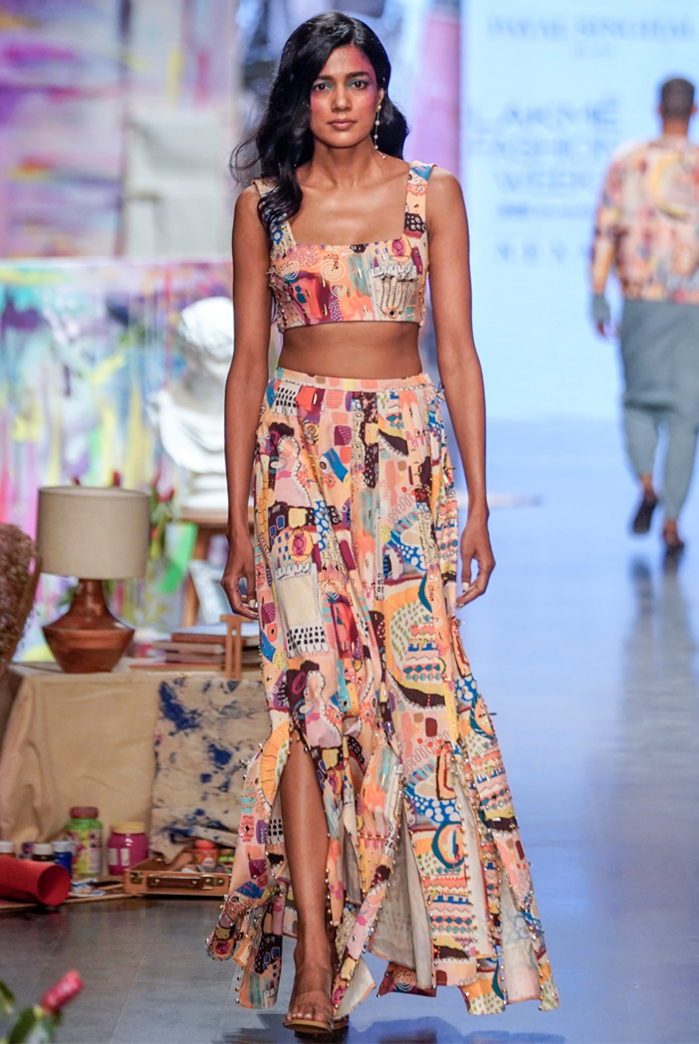 payal singhal Alecia Trance Print Denim Top With A High Low Skirt fusion indian designer wear online shopping melange singapore