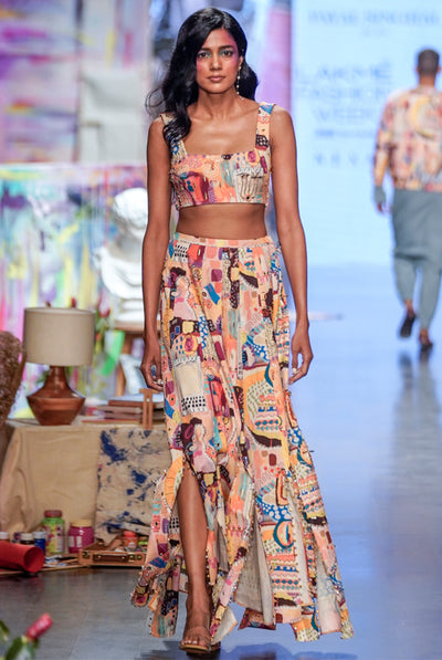 payal singhal Alecia Trance Print Denim Top With A High Low Skirt fusion indian designer wear online shopping melange singapore
