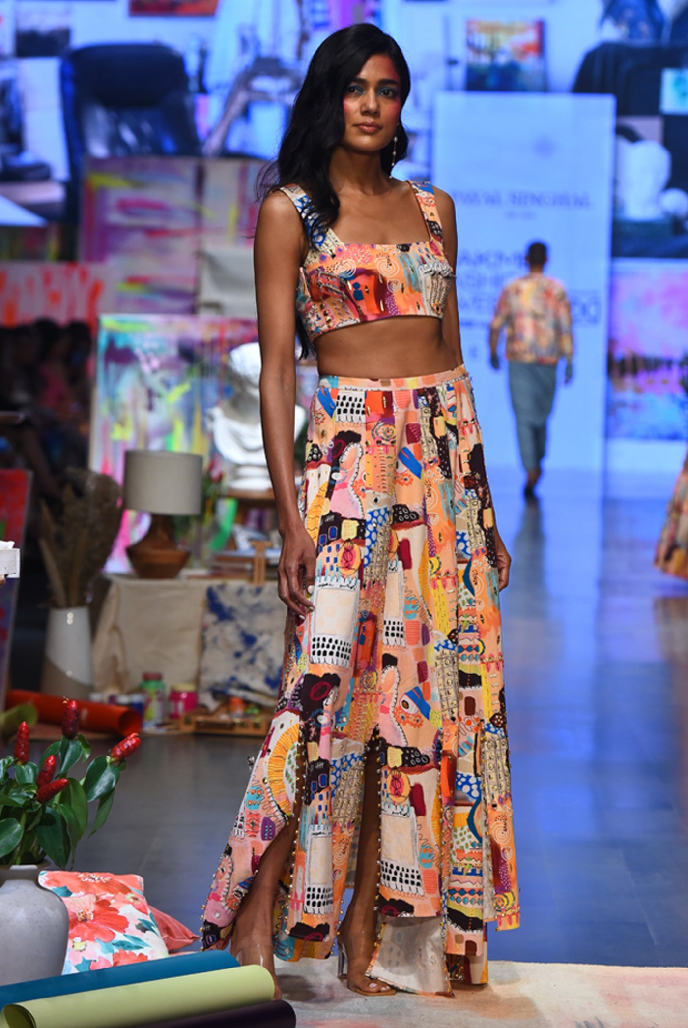 payal singhal Alecia Trance Print Denim Top With A High Low Skirt fusion indian designer wear online shopping melange singapore