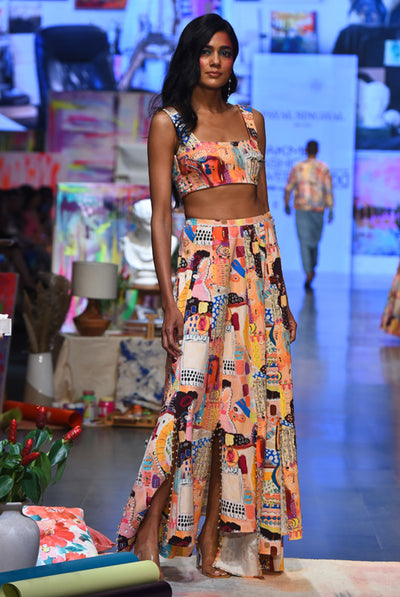 payal singhal Alecia Trance Print Denim Top With A High Low Skirt fusion indian designer wear online shopping melange singapore