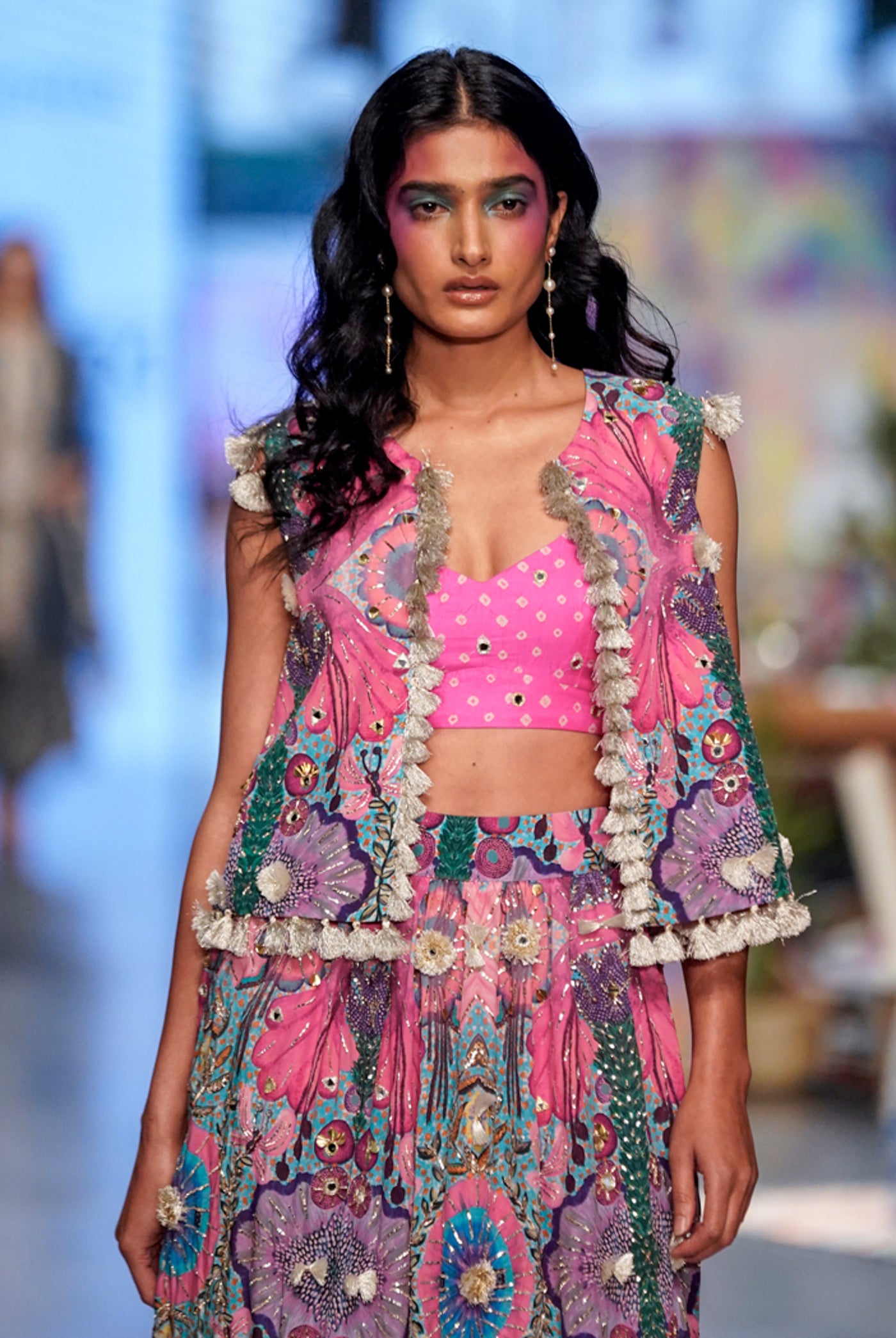 payal singhal Amalie Pink Bandhani Silk Embroidered Bustier With Printed Crepe Embroidered Jacket And Skirt festive fusion indian designer wear online shopping melange singapore