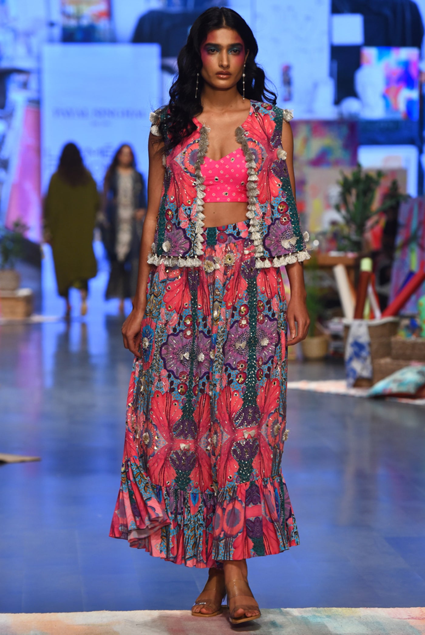 payal singhal Amalie Pink Bandhani Silk Embroidered Bustier With Printed Crepe Embroidered Jacket And Skirt festive fusion indian designer wear online shopping melange singapore