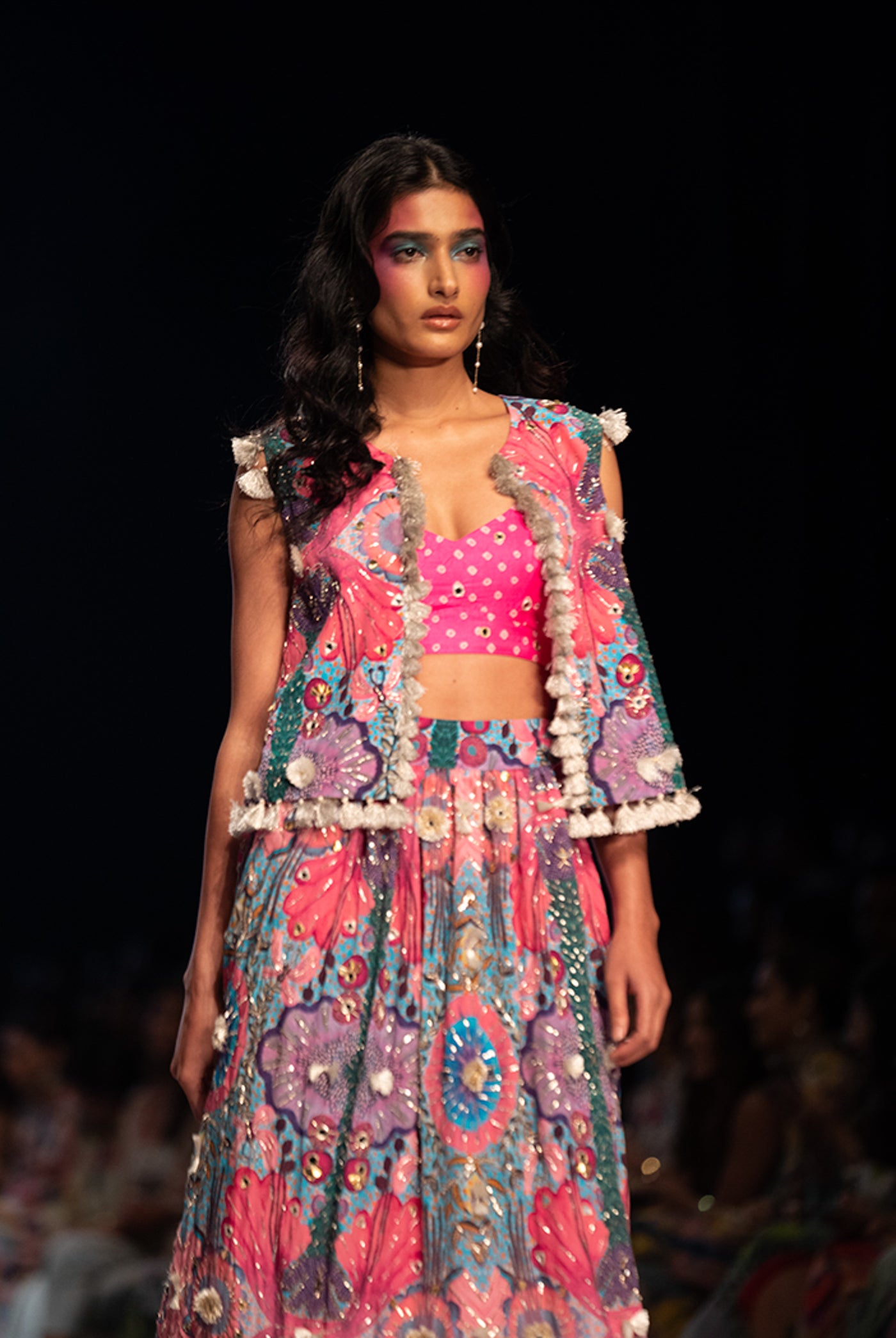 payal singhal Amalie Pink Bandhani Silk Embroidered Bustier With Printed Crepe Embroidered Jacket And Skirt festive fusion indian designer wear online shopping melange singapore