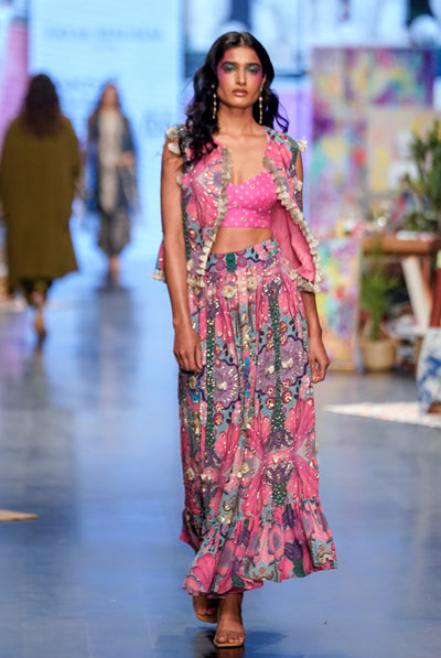 payal singhal Amalie Pink Bandhani Silk Embroidered Bustier With Printed Crepe Embroidered Jacket And Skirt festive fusion indian designer wear online shopping melange singapore