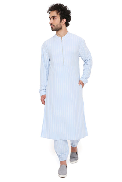 Payal singhal menswear Aqua Blue Lycra Stripe Bomber Kurta With Jogger Pants festive indian designer wear online shopping melange singapore