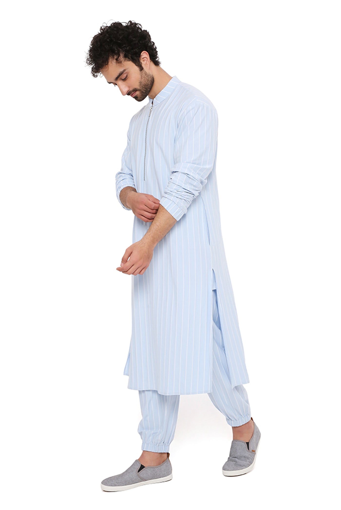 Payal singhal menswear Aqua Blue Lycra Stripe Bomber Kurta With Jogger Pants festive indian designer wear online shopping melange singapore