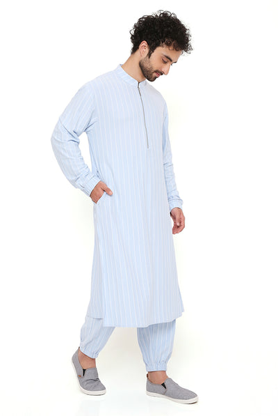 Payal singhal menswear Aqua Blue Lycra Stripe Bomber Kurta With Jogger Pants festive indian designer wear online shopping melange singapore