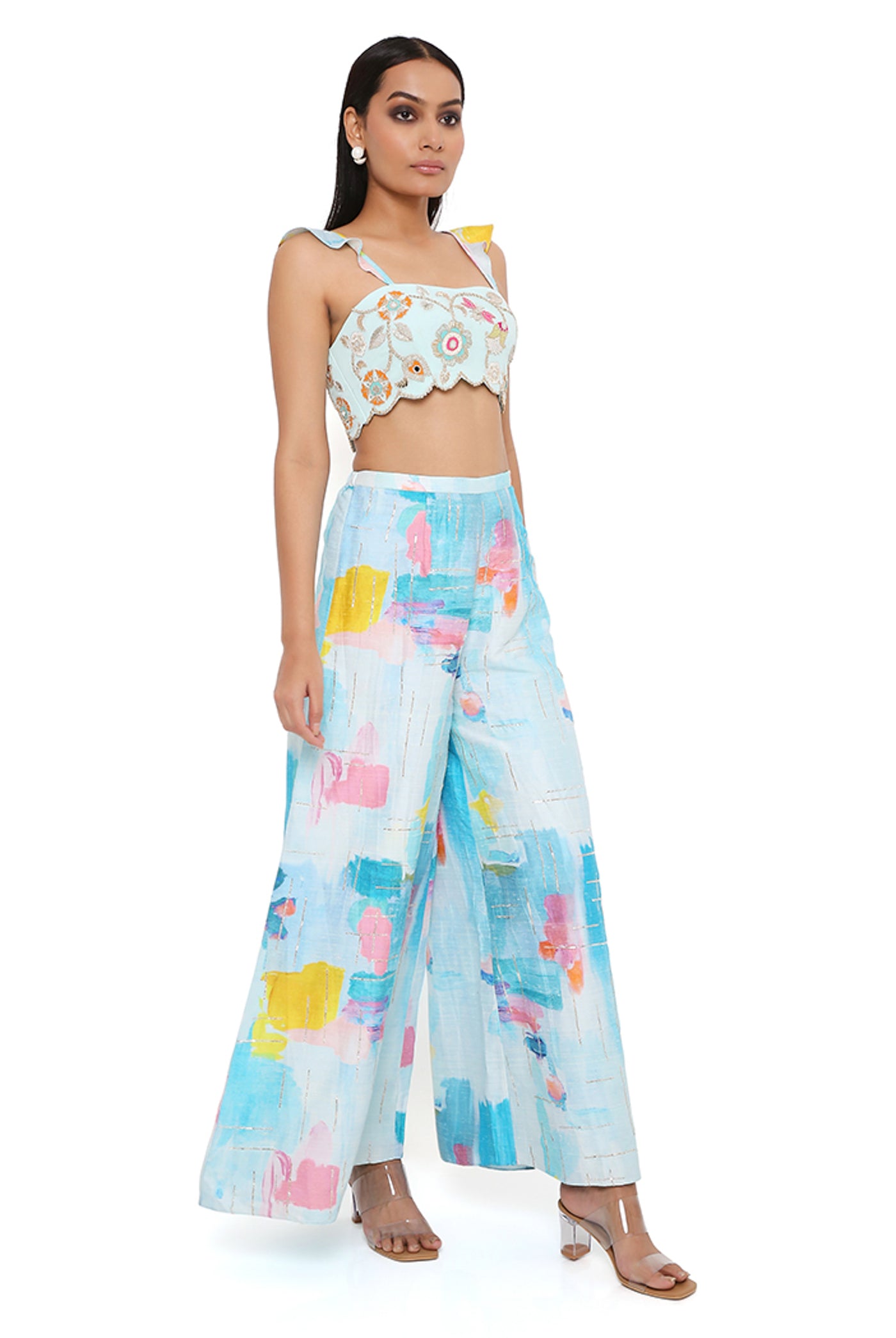 payal singhal Aqua Georgette Embroidered Bustier With Painterly Dupion Silk Printed Embroidered Palazzo festive indian designer wear online shopping melange singapore