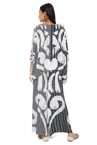 payal singhal Black And White Uzbek Print Crepe Kaftan With Palazzo Set festive indian designer wear online shopping melange singapore