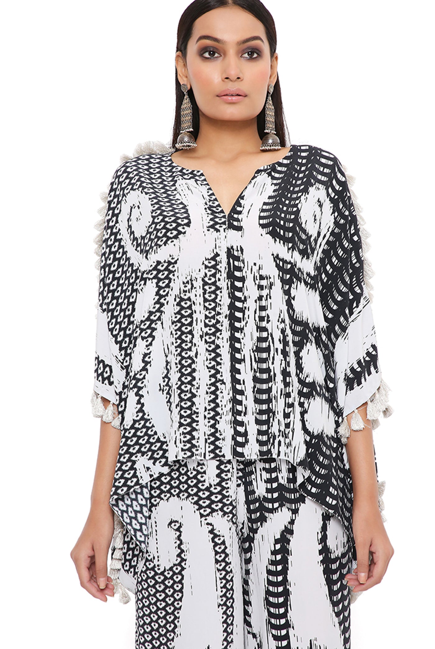 payal singhal Black And White Uzbek Print Crepe Kaftan With Palazzo Set festive indian designer wear online shopping melange singapore