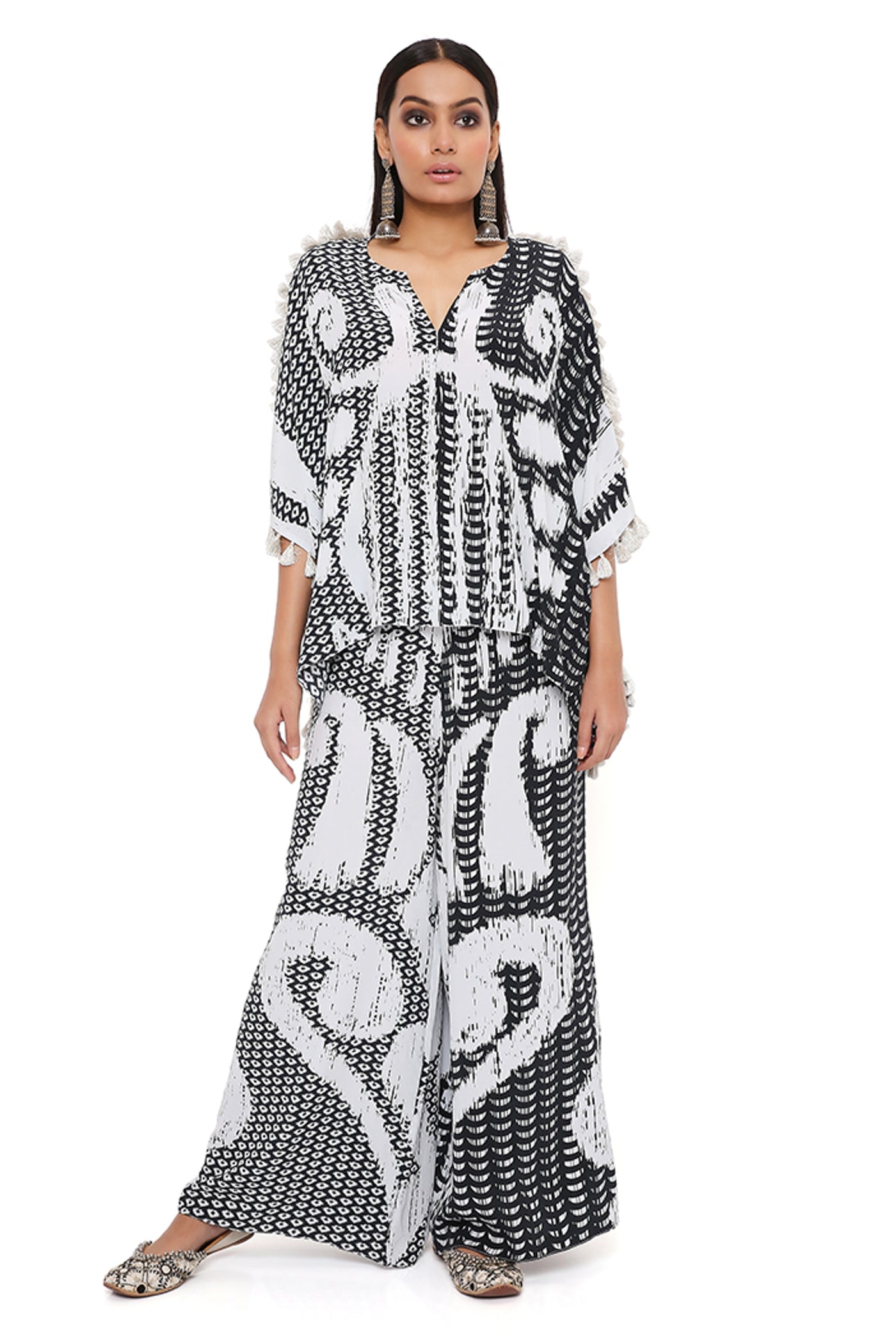 payal singhal Black And White Uzbek Print Crepe Kaftan With Palazzo Set festive indian designer wear online shopping melange singapore