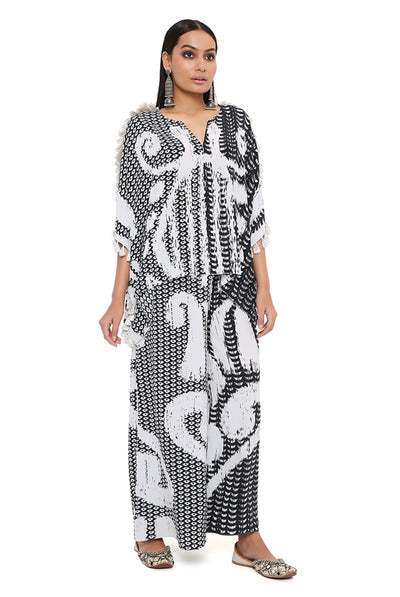 payal singhal Black And White Uzbek Print Crepe Kaftan With Palazzo Set festive indian designer wear online shopping melange singapore