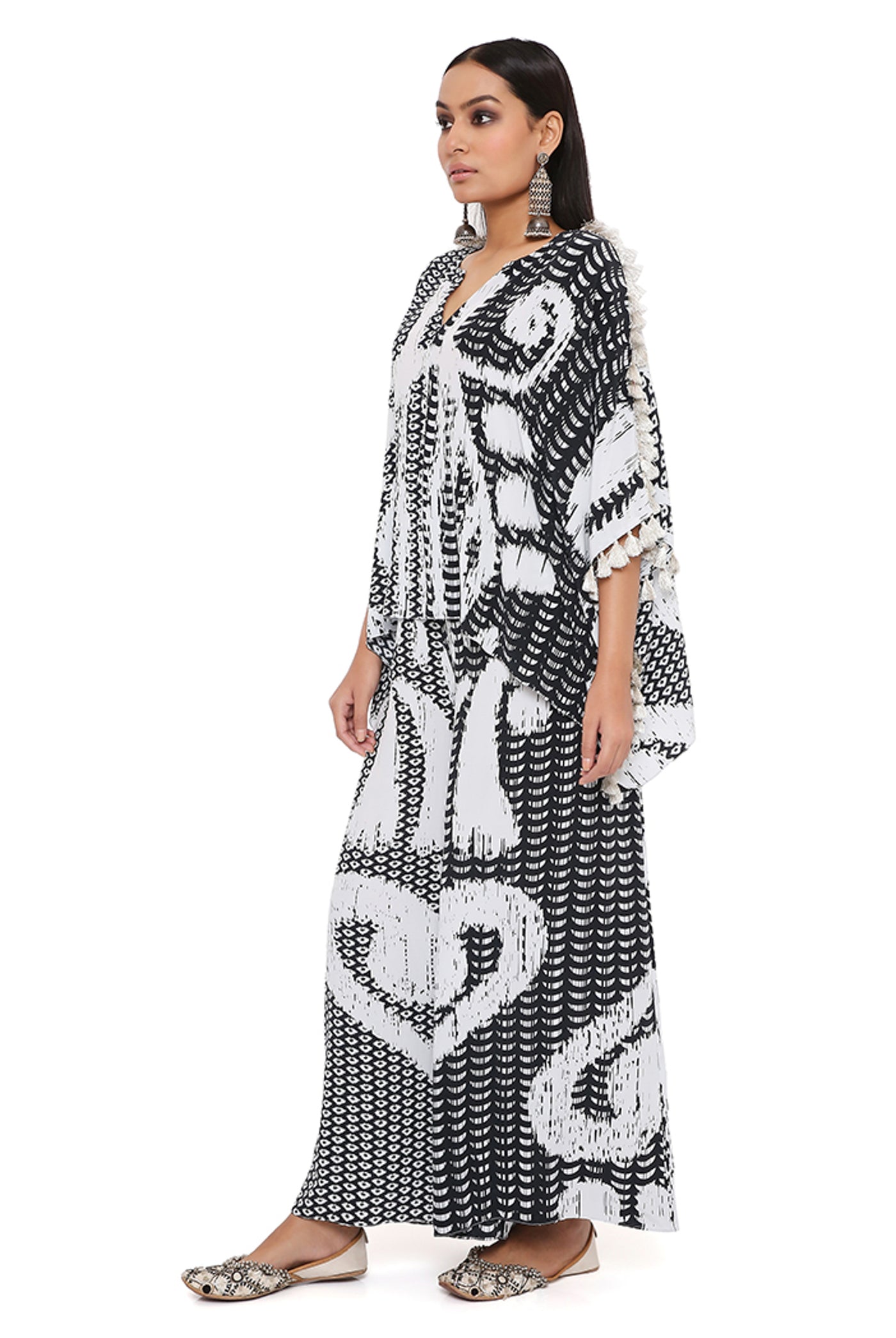 payal singhal Black And White Uzbek Print Crepe Kaftan With Palazzo Set festive indian designer wear online shopping melange singapore