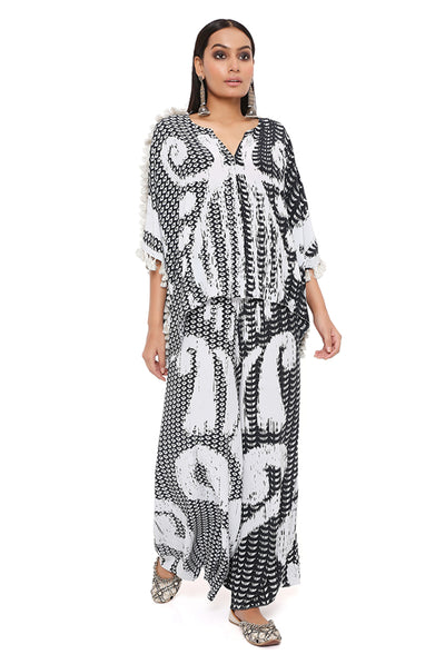 payal singhal Black And White Uzbek Print Crepe Kaftan With Palazzo Set festive indian designer wear online shopping melange singapore