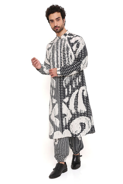 Payal singhal menswear Black And White Uzbek Print Dupion Silk Bomber Kurta Set festive indian designer wear online shopping melange singapore