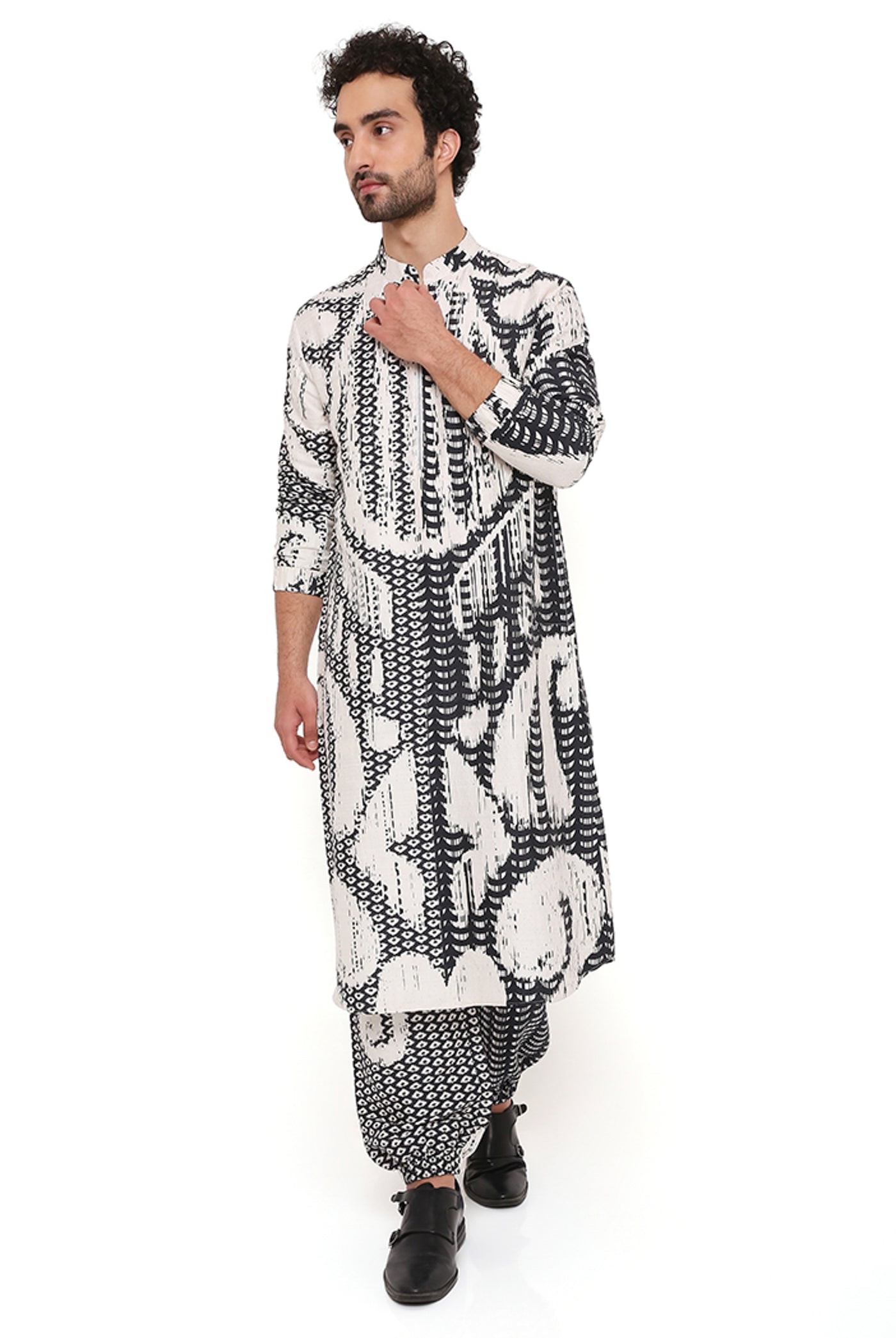 Payal singhal menswear Black And White Uzbek Print Dupion Silk Bomber Kurta Set festive indian designer wear online shopping melange singapore