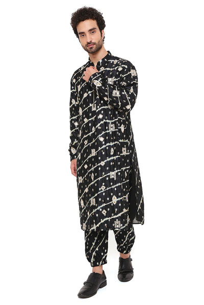 payal singhal menswear Black Bandhani Silk Leheriya Embroidered Kurta And Jogger Pant festive indian designer wear online shopping melange singapore