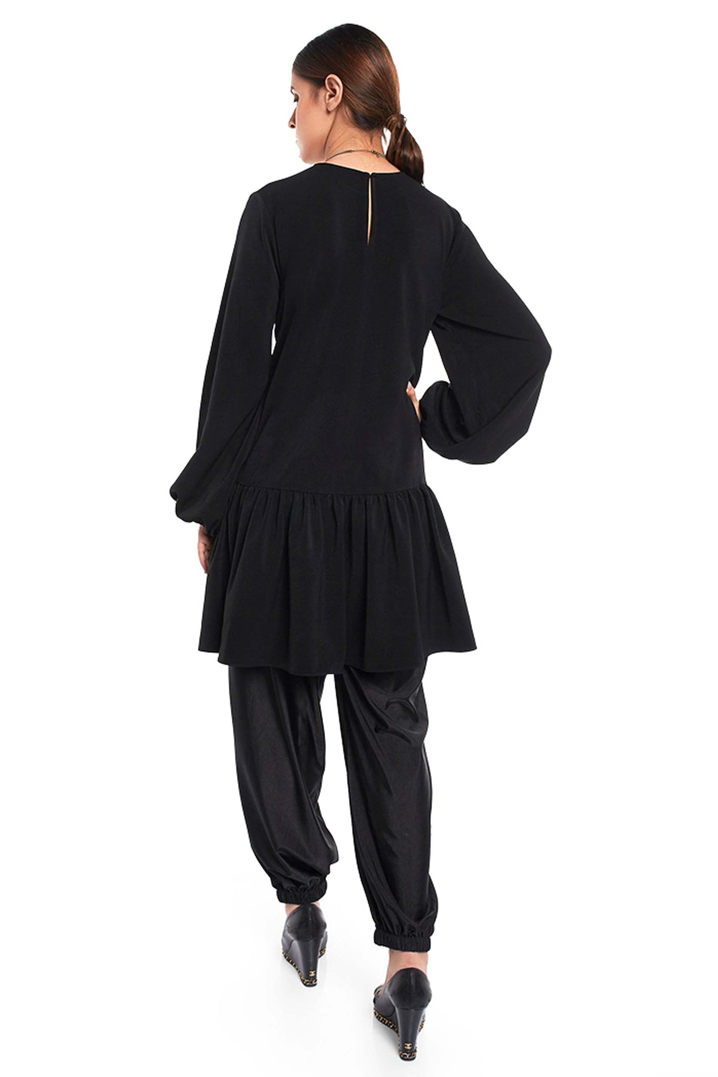 PayaL Singhal Black Colour Thick Georgette 2 Layer Frill Hem Tunic indian designer wear online shopping melange singapore