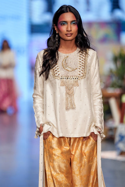 payal singhal ChaanTara Off White Abla Silk Embroidered High Low Kurta With Mustard Brocade Constructed Pants festive fusion indian designer wear online shopping melange singapore