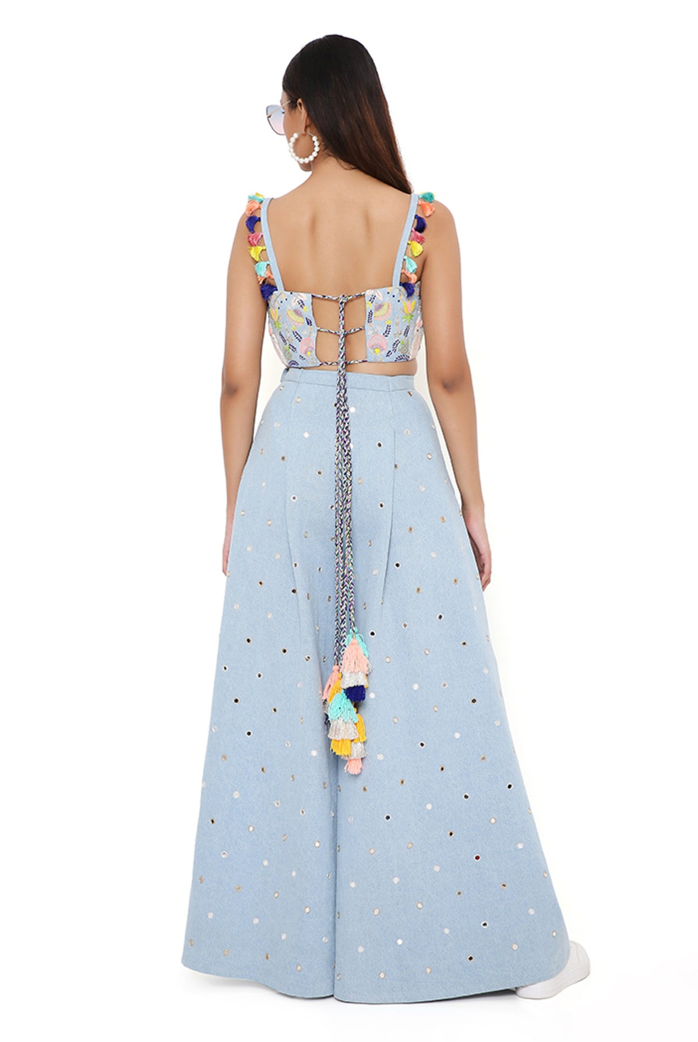 payal singhal blue Denim Embroidered Bustier With Flared Pants festive indian designer wear online shopping melange singapore