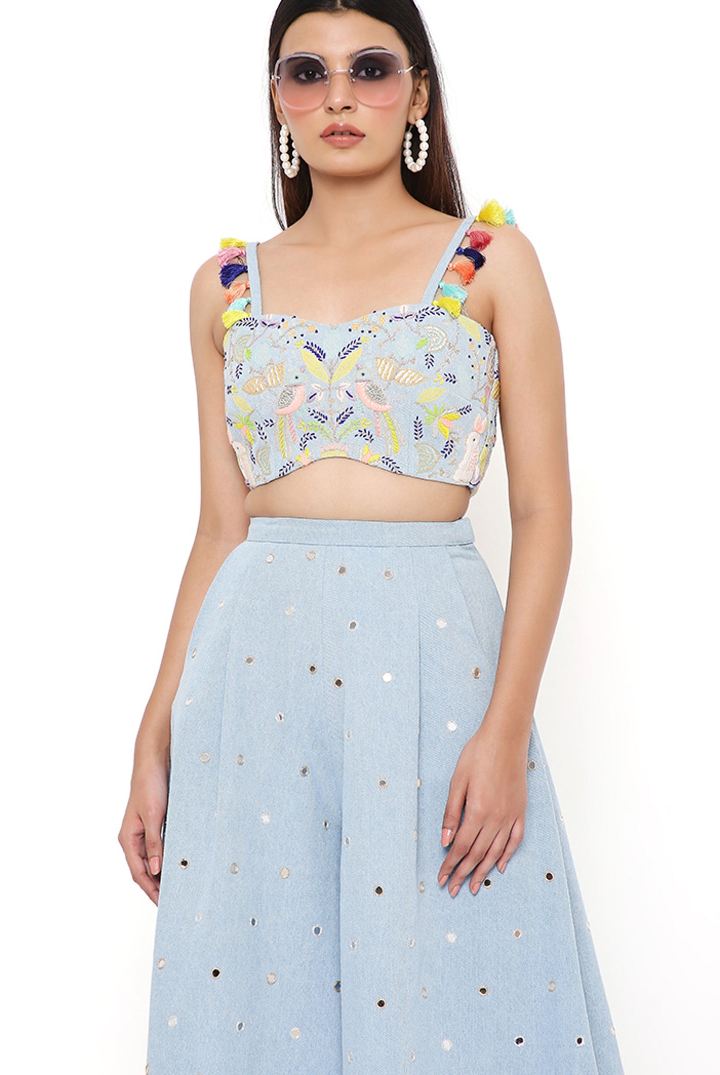 payal singhal blue Denim Embroidered Bustier With Flared Pants festive indian designer wear online shopping melange singapore