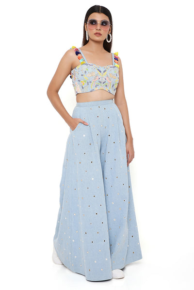payal singhal blue Denim Embroidered Bustier With Flared Pants festive indian designer wear online shopping melange singapore