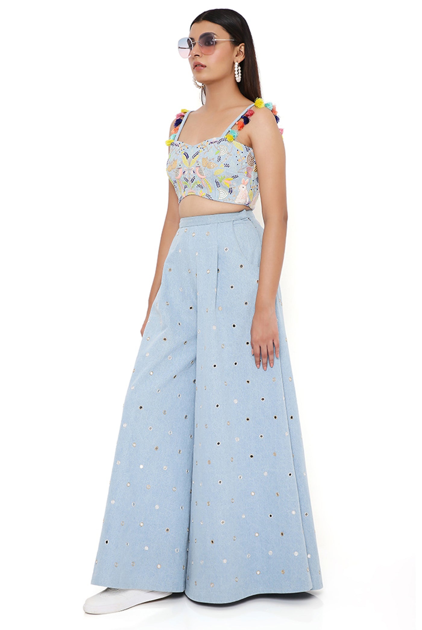 payal singhal blue Denim Embroidered Bustier With Flared Pants festive indian designer wear online shopping melange singapore