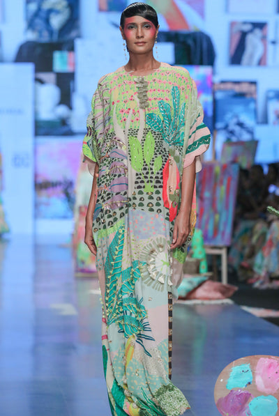 Payal singhal Frida Tropical Print Crepe Embroidered Kaftan green indian designer wear online shopping melange singapore