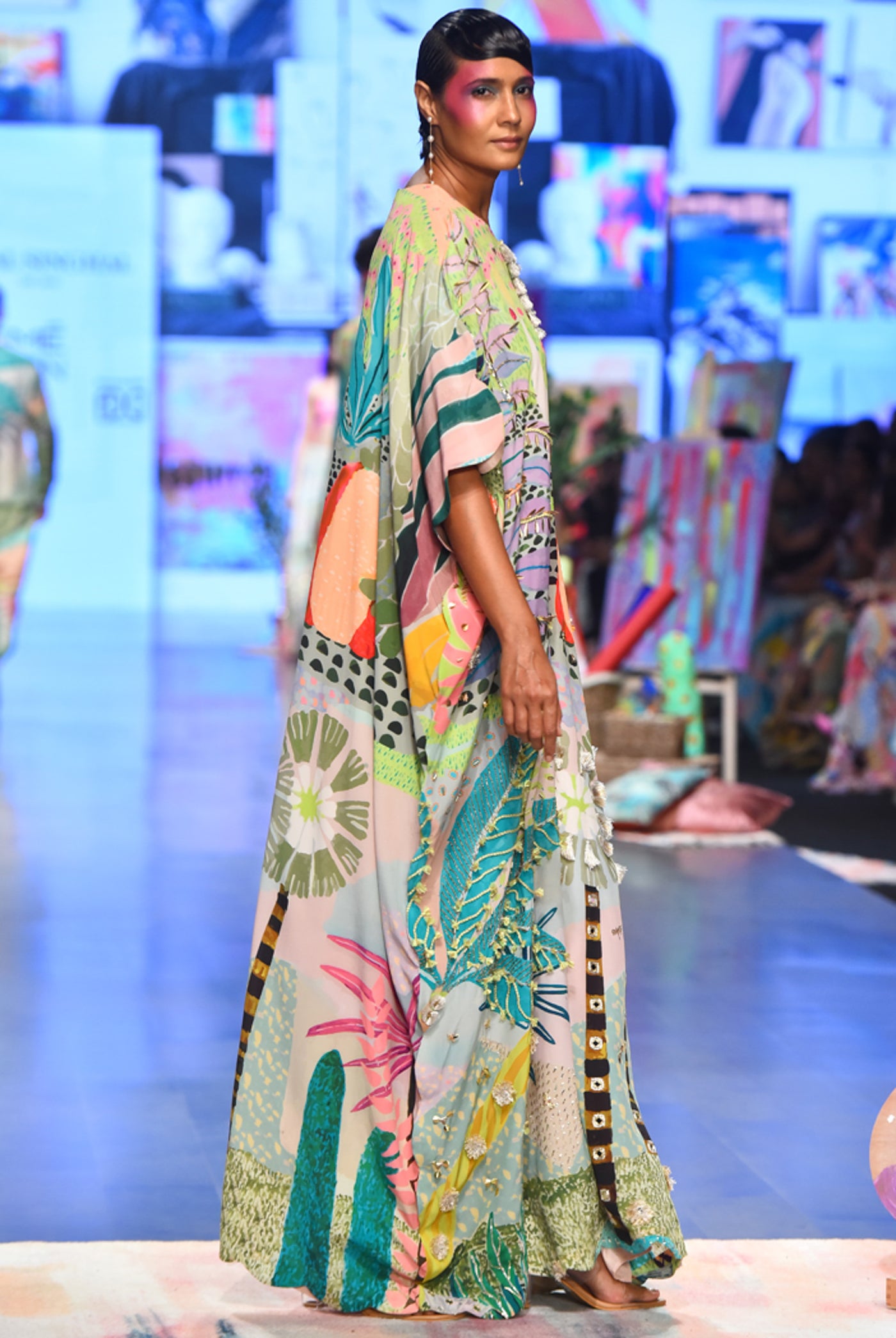 Payal singhal Frida Tropical Print Crepe Embroidered Kaftan green indian designer wear online shopping melange singapore