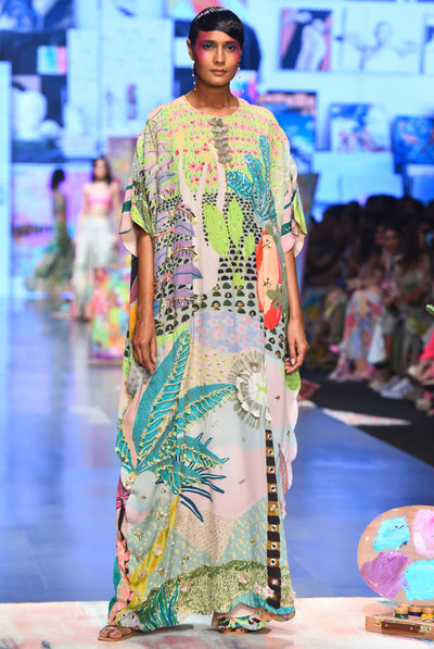 Payal singhal Frida Tropical Print Crepe Embroidered Kaftan green indian designer wear online shopping melange singapore