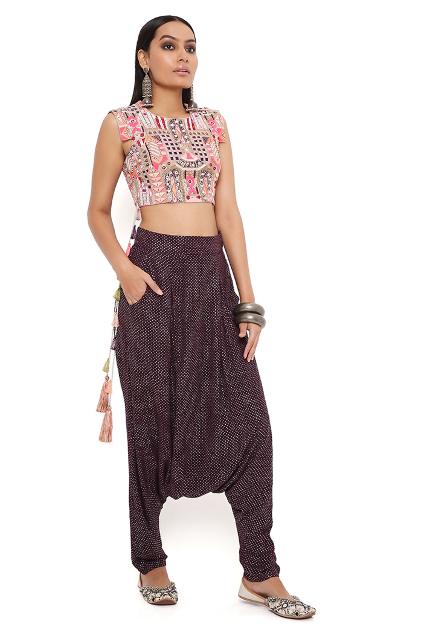 payal singhal Grey Georgette Embroidered Crop Top With Purple Mukaish Georgette Low Crotch Pants festive indian designer wear online shopping melange singapore