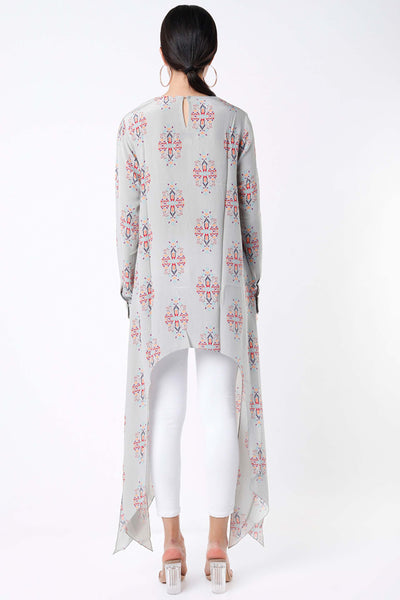 PayaL Singhal Grey Ikat Buti Print Crepe Tunic With Side Tail grey indian designer wear online shopping melange singapore
