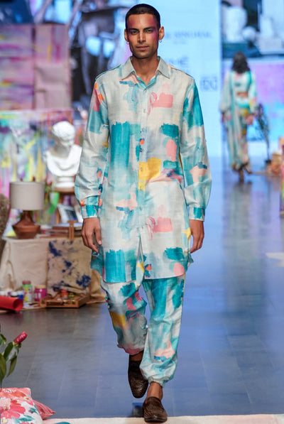 Payal singhal menswear Gustav Painterly Print Dupion Silk Pathani Kurta With Jogger Pants festive indian designer wear online shopping melange singapore