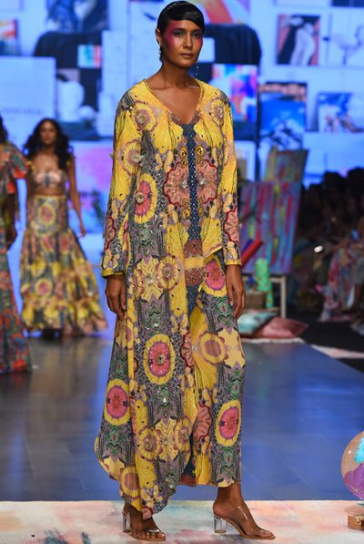 payal singhal Helen Yellow Enchanted Print Crepe Embroidered Kurta With Cropped Palazzo festive fusion indian designer wear online shopping melange singapore
