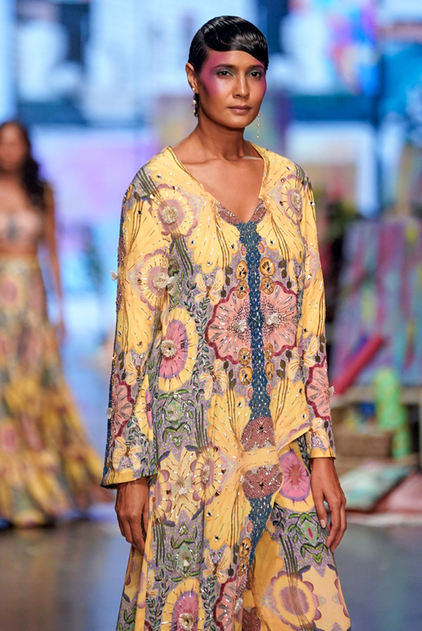 payal singhal Helen Yellow Enchanted Print Crepe Embroidered Kurta With Cropped Palazzo festive fusion indian designer wear online shopping melange singapore