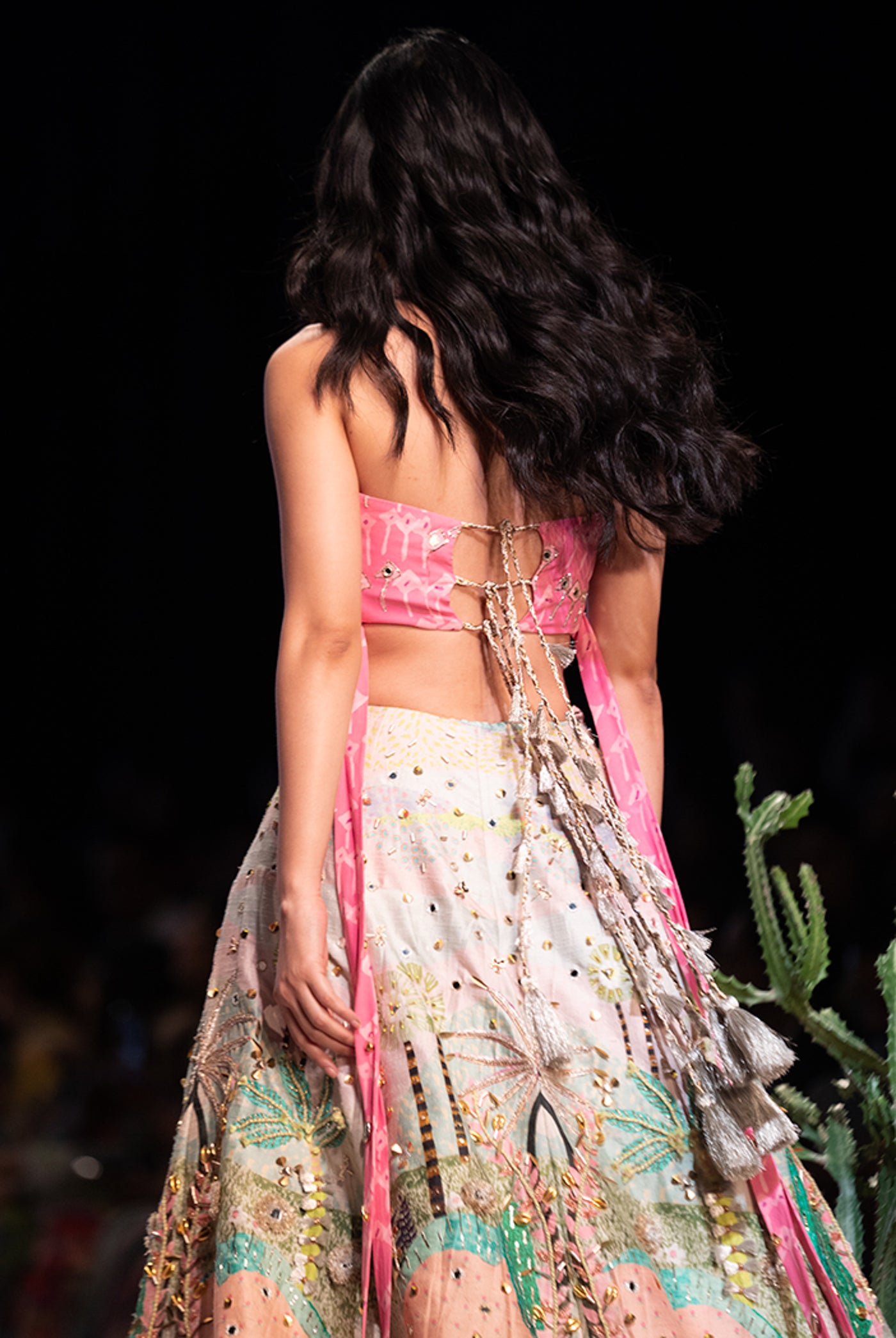 payal singhal Ivana Pink Kite Print Embroidered Bustier With Tropical Print Embroidered Lehenga And Mukaish Net Dupatta festive indian designer wear online shopping melange singapore