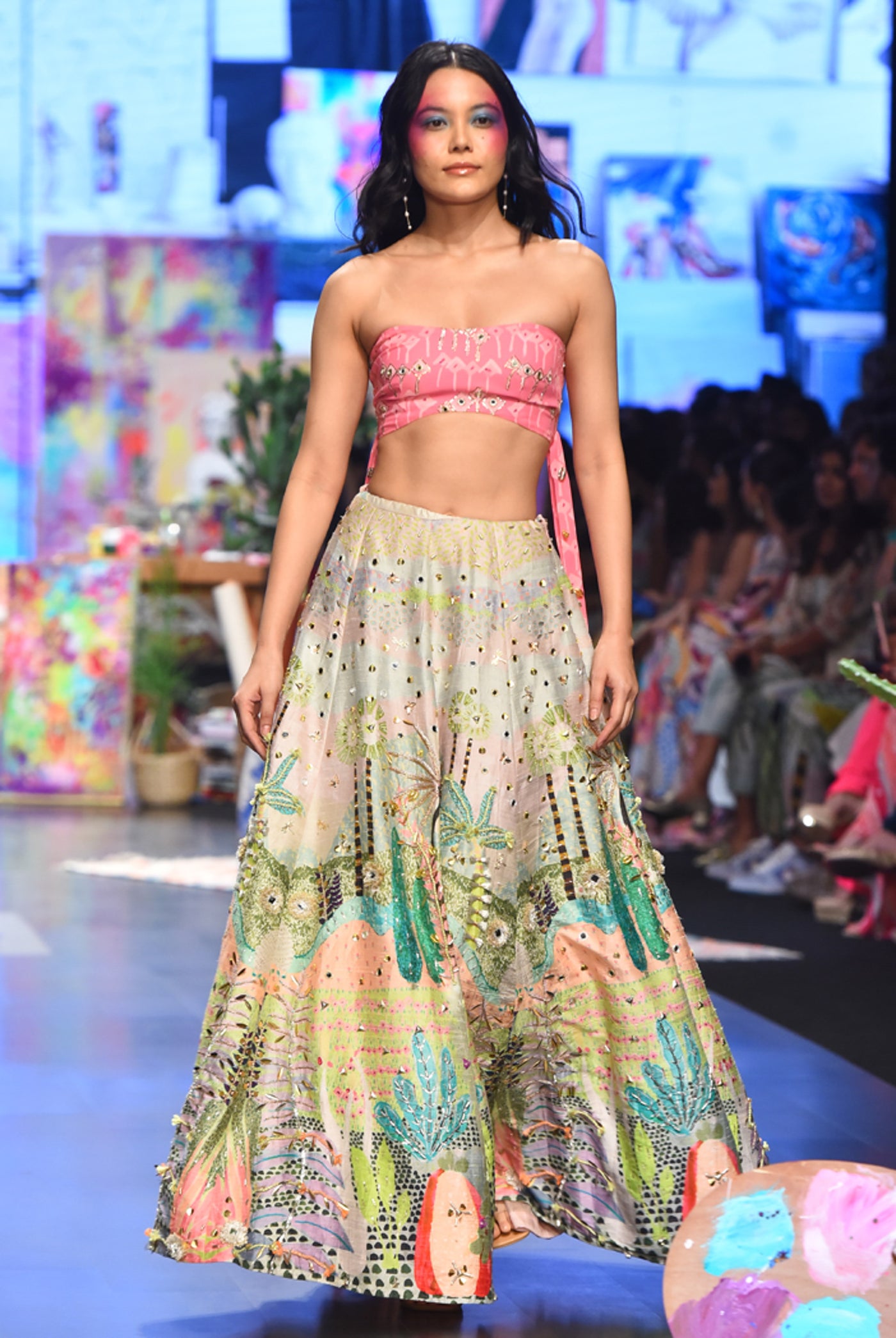 payal singhal Ivana Pink Kite Print Embroidered Bustier With Tropical Print Embroidered Lehenga And Mukaish Net Dupatta festive indian designer wear online shopping melange singapore