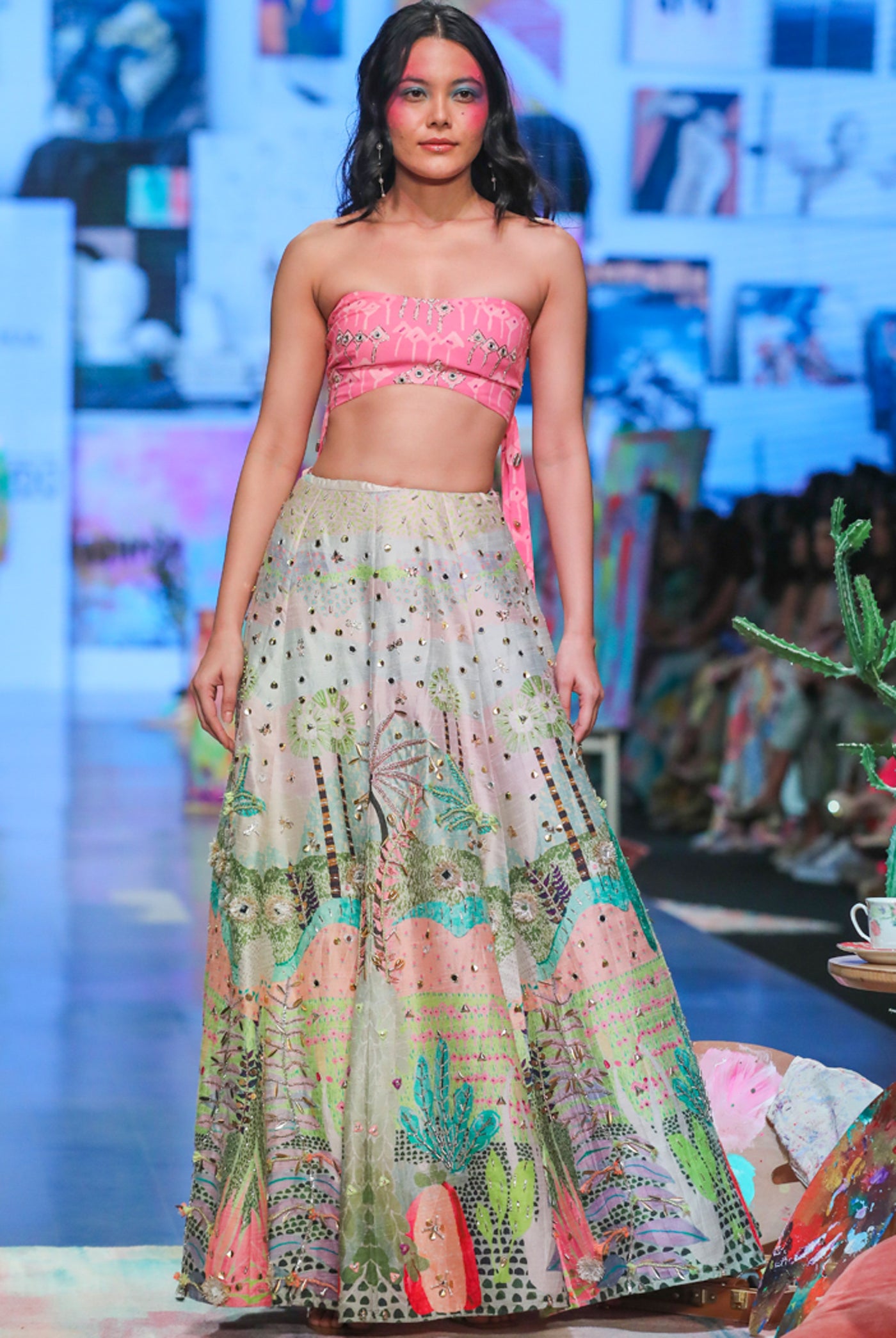 payal singhal Ivana Pink Kite Print Embroidered Bustier With Tropical Print Embroidered Lehenga And Mukaish Net Dupatta festive indian designer wear online shopping melange singapore