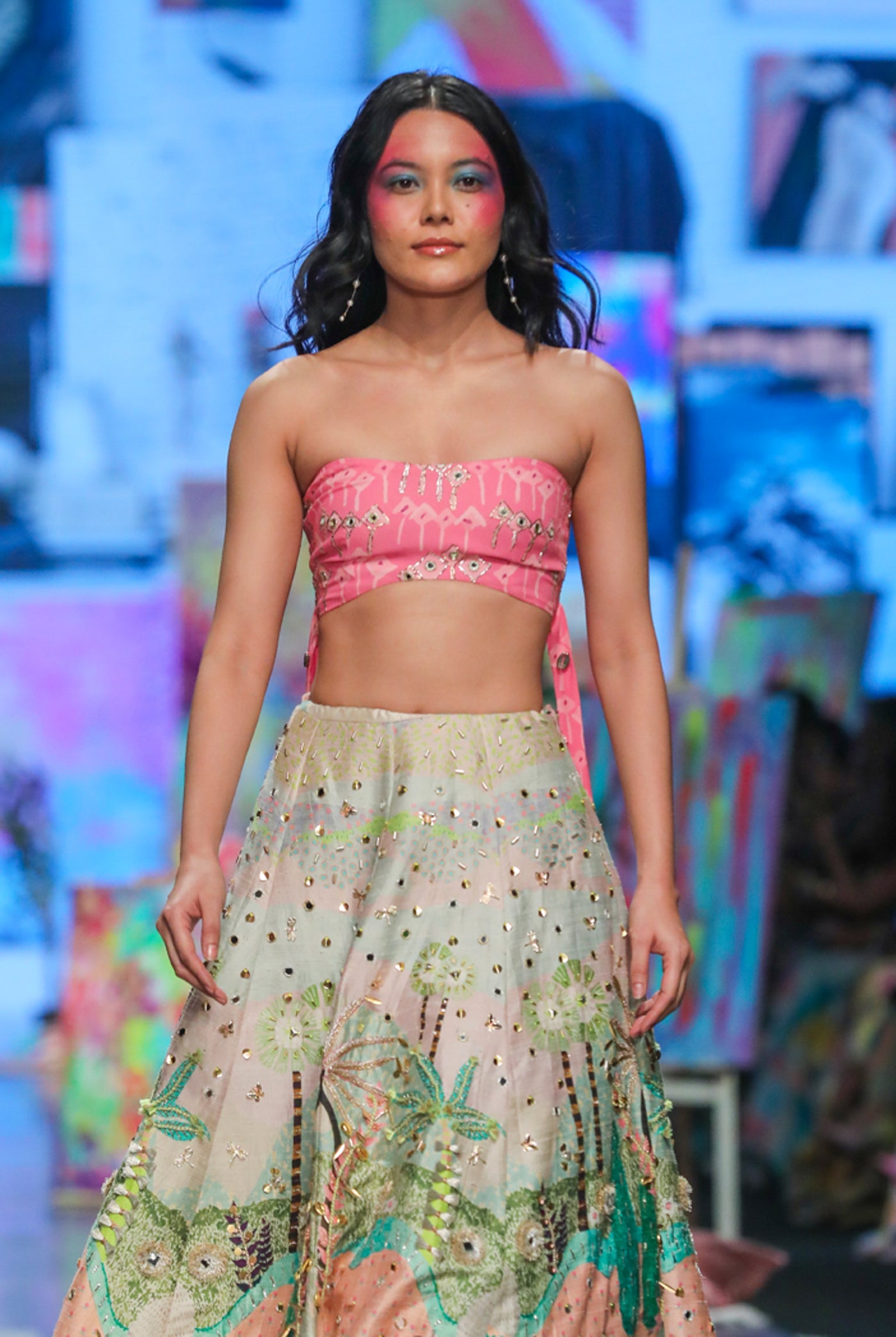 payal singhal Ivana Pink Kite Print Embroidered Bustier With Tropical Print Embroidered Lehenga And Mukaish Net Dupatta festive indian designer wear online shopping melange singapore