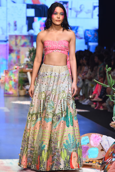 payal singhal Ivana Pink Kite Print Embroidered Bustier With Tropical Print Embroidered Lehenga And Mukaish Net Dupatta festive indian designer wear online shopping melange singapore