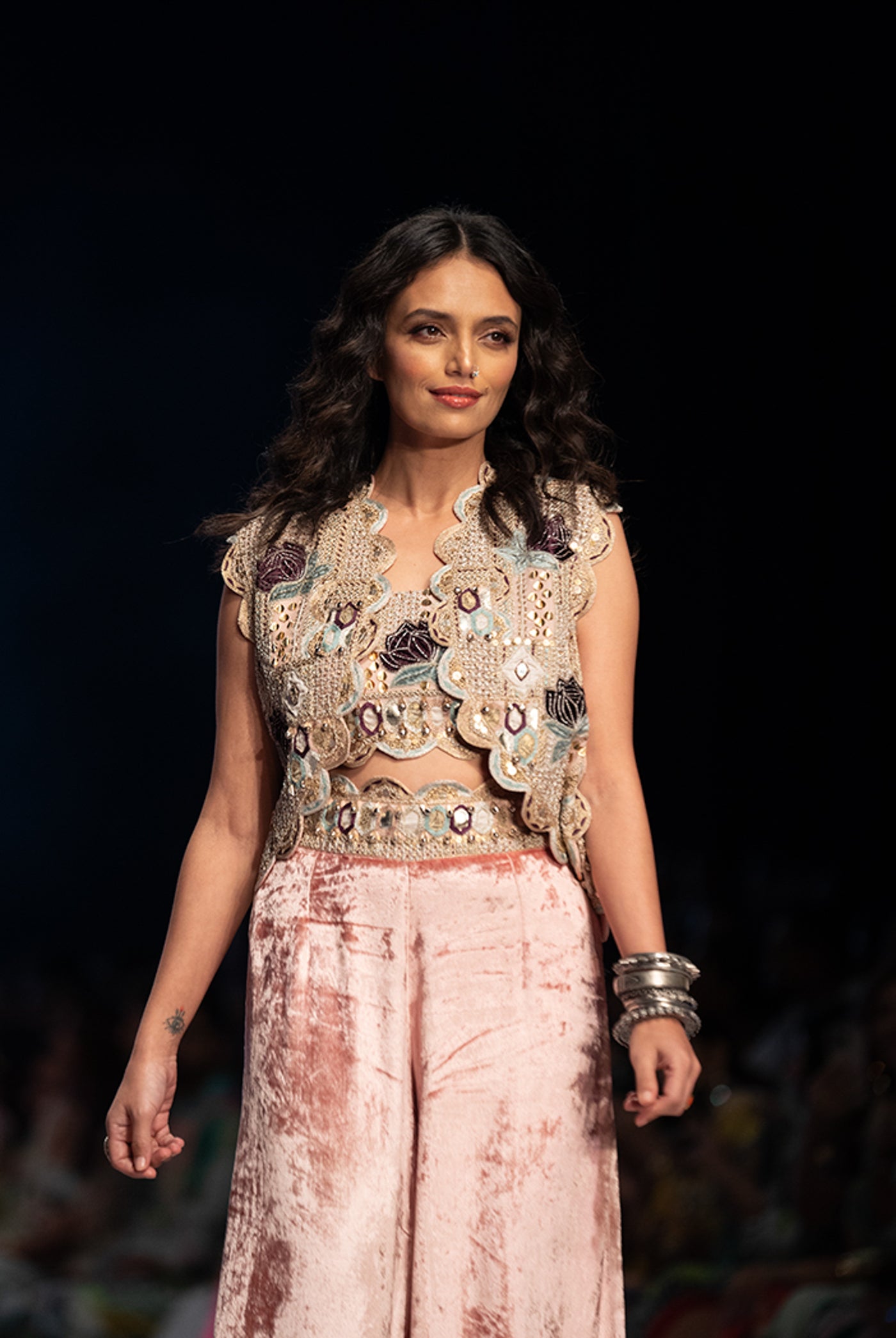 payal singhal Jiya Rose Pink Georgette Embroidered Scallop Jacket With Front Embroidered Bustier And Palazzo festive fusion indian designer wear online shopping melange singapore indian designer wear