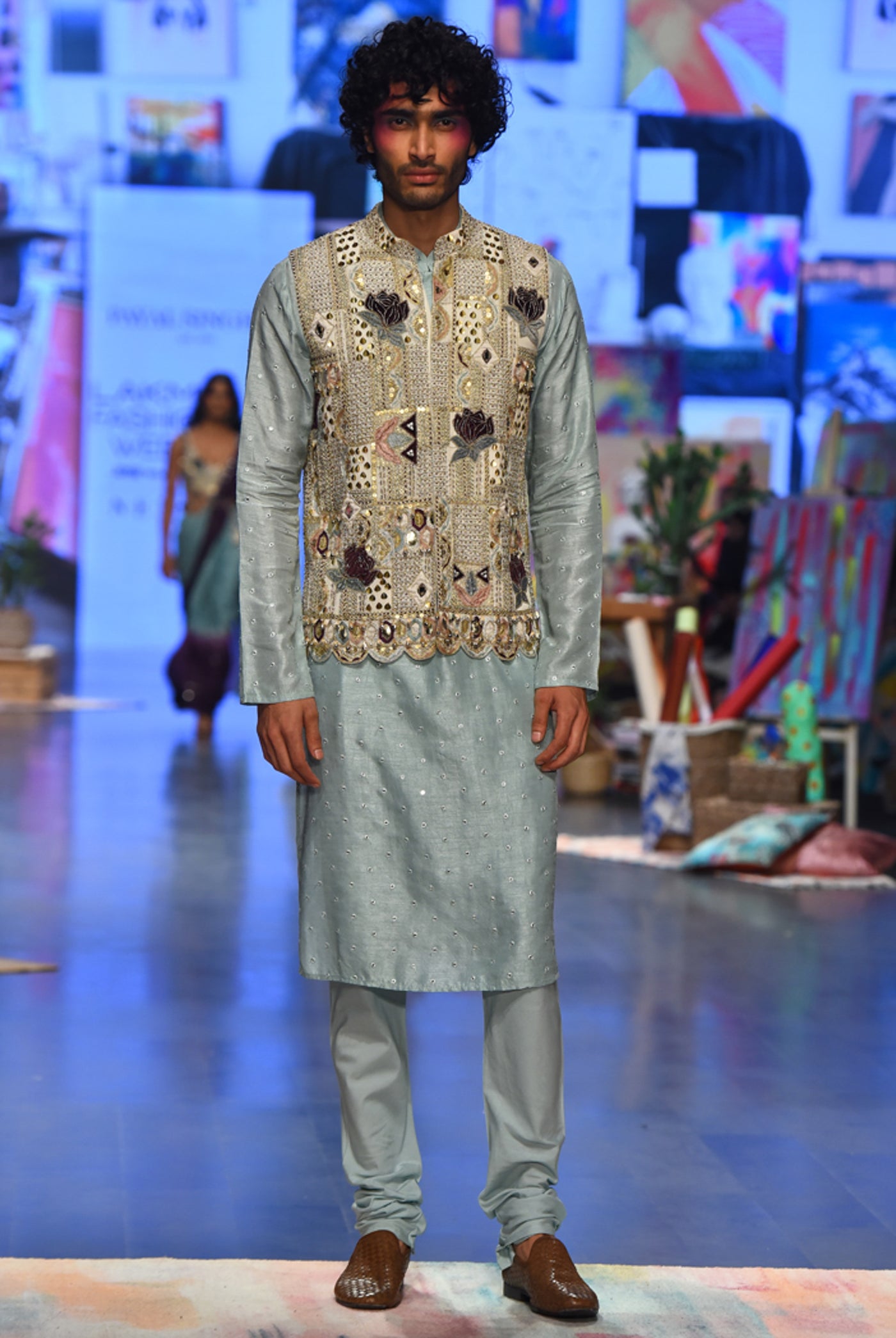 Payal singhal menswear Kiaan Off White Georgette Embroidered Bandi With Aqua Abla Silk Kurta Set festive indian designer wear online shopping melange singapore