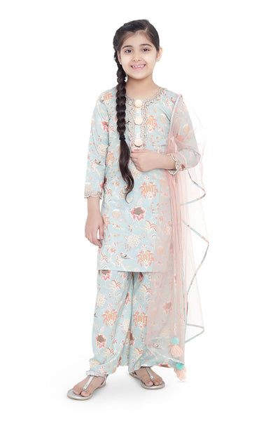 Payal singhal Aqua Chidiya Print Kurta And Palazzo Set festive kidswear online shopping melange singapore indian designer wear