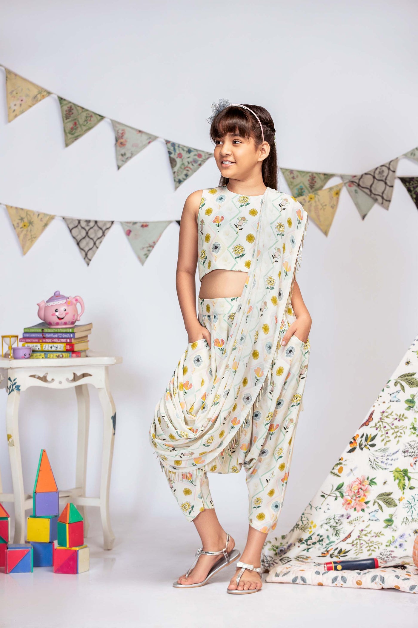 Payal singhal kids Printed Crepe Crop Top With Low Crotch Pant And Drape festive fusion kidswear online shopping melange singapore indian designer wear