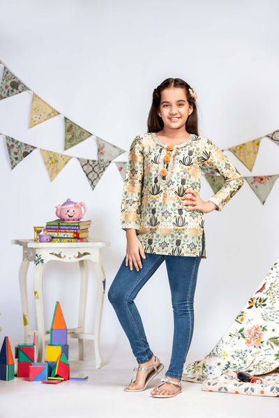 Payal singhal kids Cream Tulip Garden Print Silkmul Tunic girls festive kidswear online shopping melange singapore indian designer wear